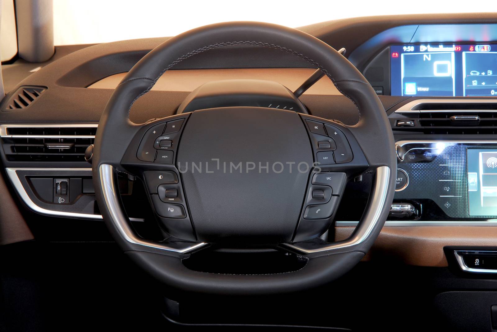 steering wheel in the new modern car, Interior of a modern car