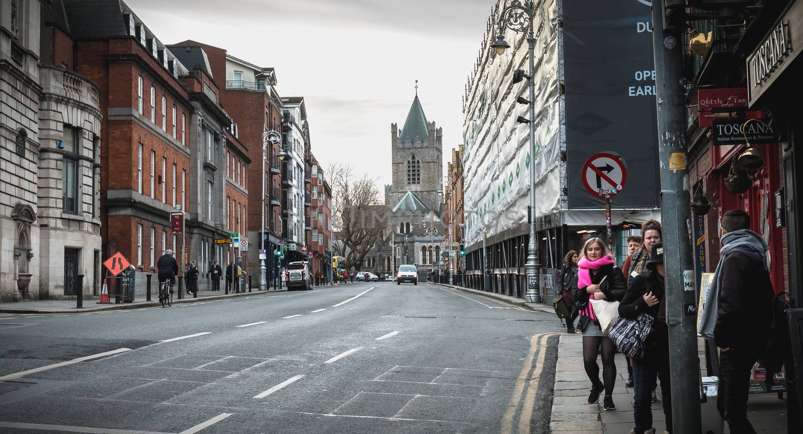 Dublin, Ireland - February 11, 2019: Architecture detail and street atmosphere in a shopping street on a winter day