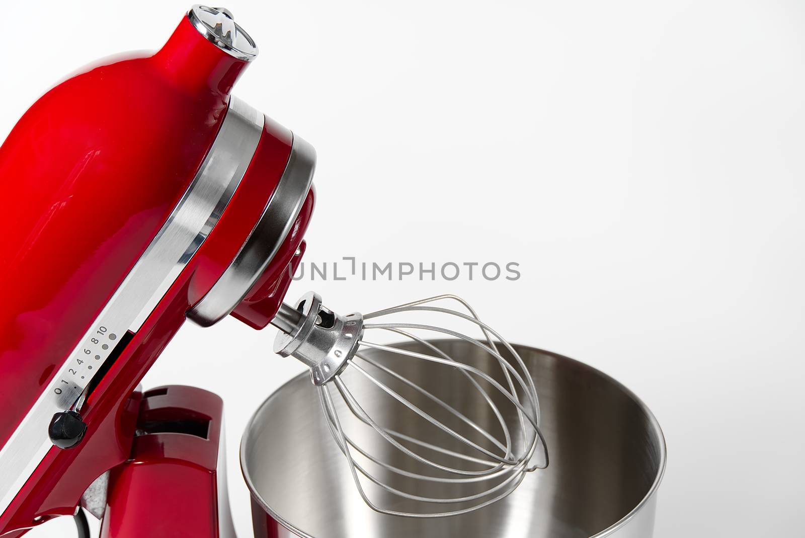 Stylish Red Kitchen Mixer With Clipping Path Isolated On White Background. Professional steel electric mixer with Metal Whisk.