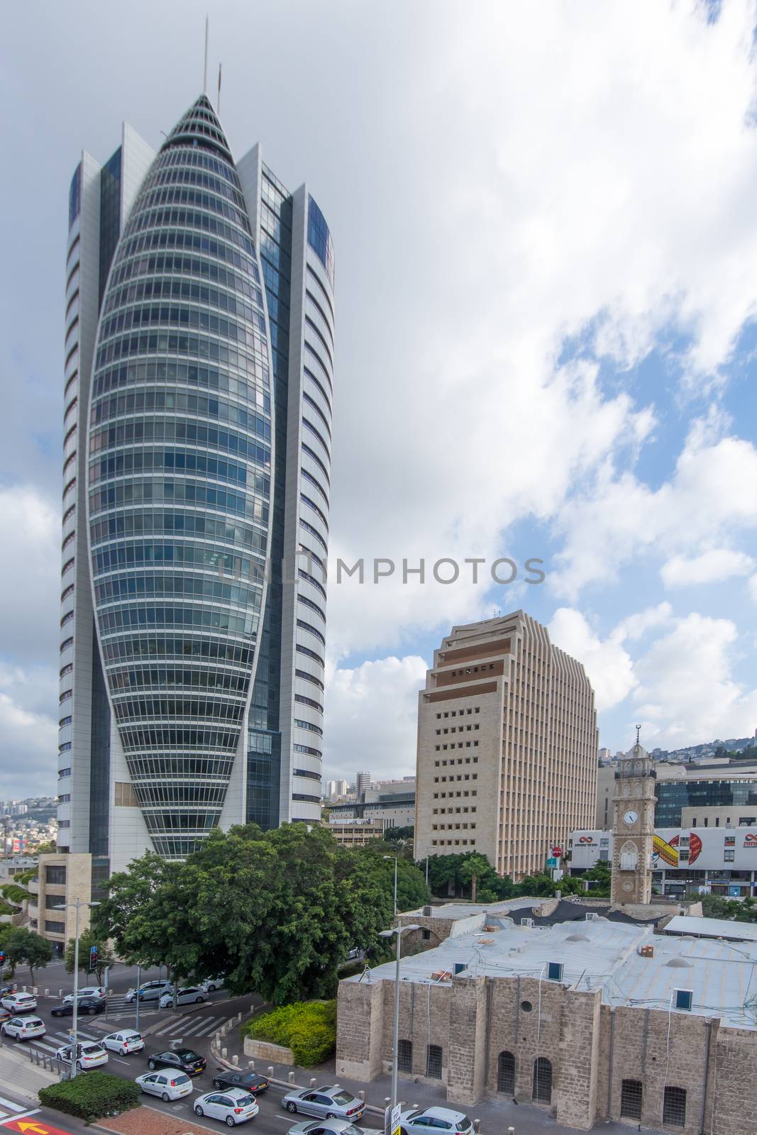 HAIFA, ISRAEL - JULY 19, 2018: View of various buildings in the downtown district of Haifa, Israel