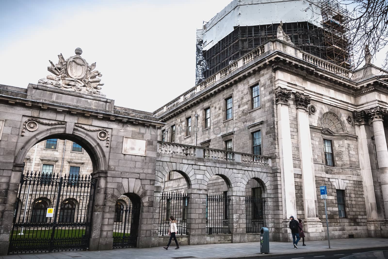 Dublin, Ireland - February 11, 2019: Architectural detail of the Dublin Four Court Courthouse on a winter day