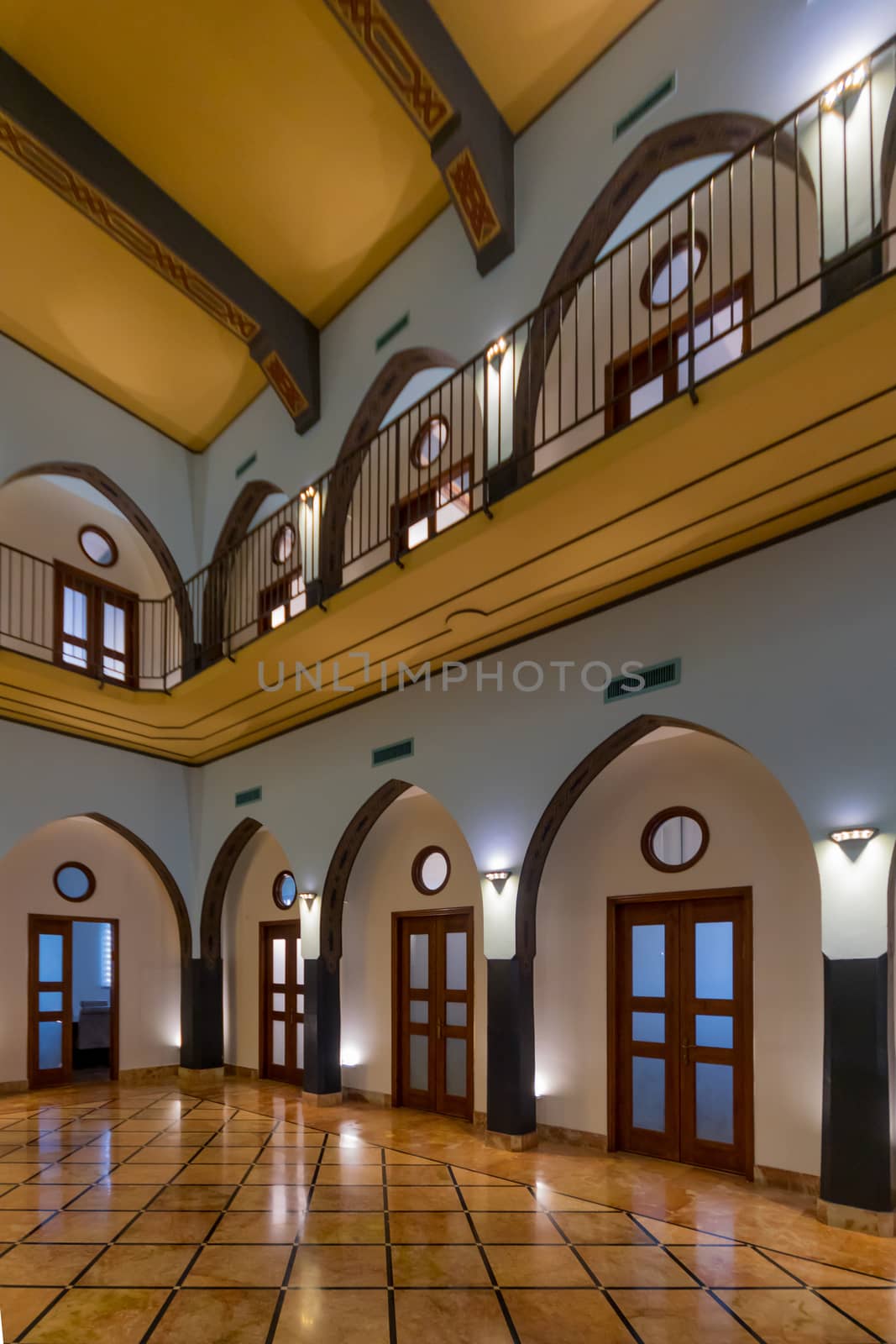 HAIFA, ISRAEL - JULY 19, 2018: The interior of the historic Anglo Palestine APAK Bank building, in Haifa, Israel