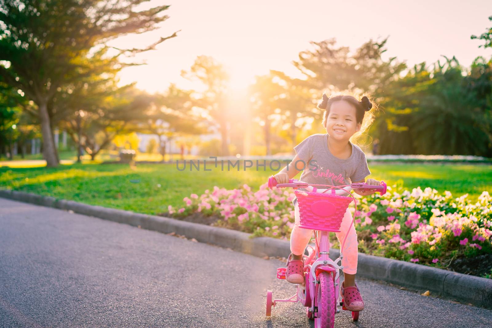 Cute little asian girl riding a bicycle to exercise in park, kids sport and active lifestyle