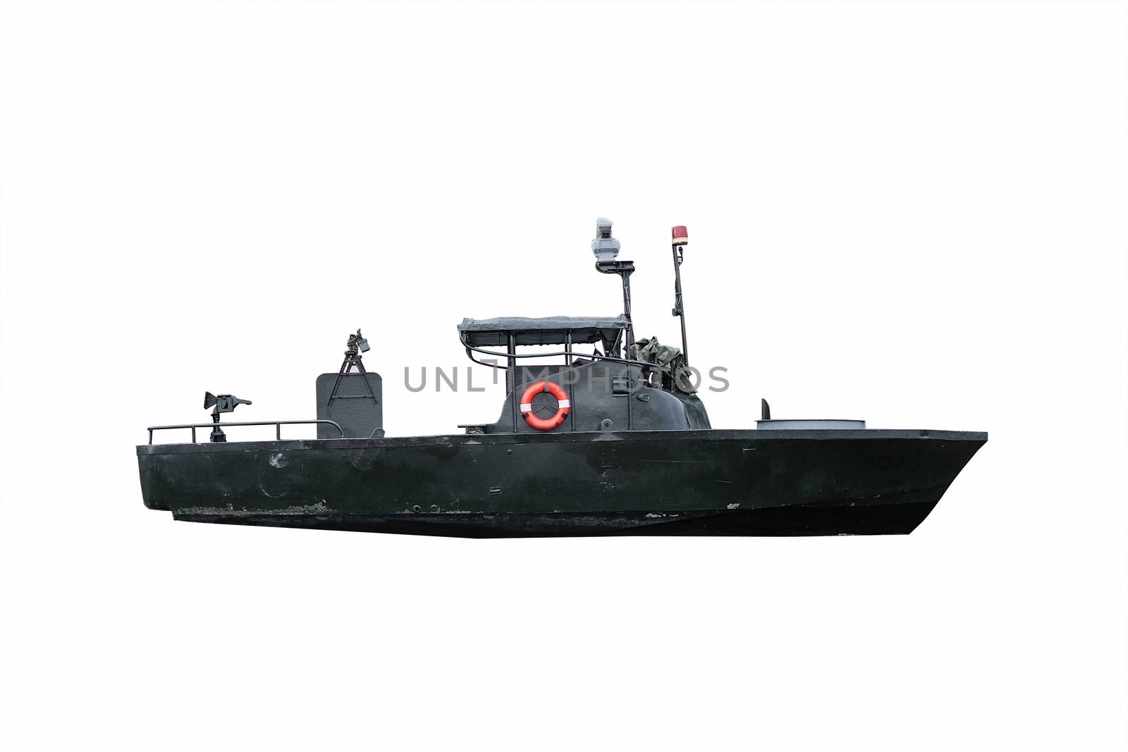 Black battle ship under the white background with clipping path  by Surasak