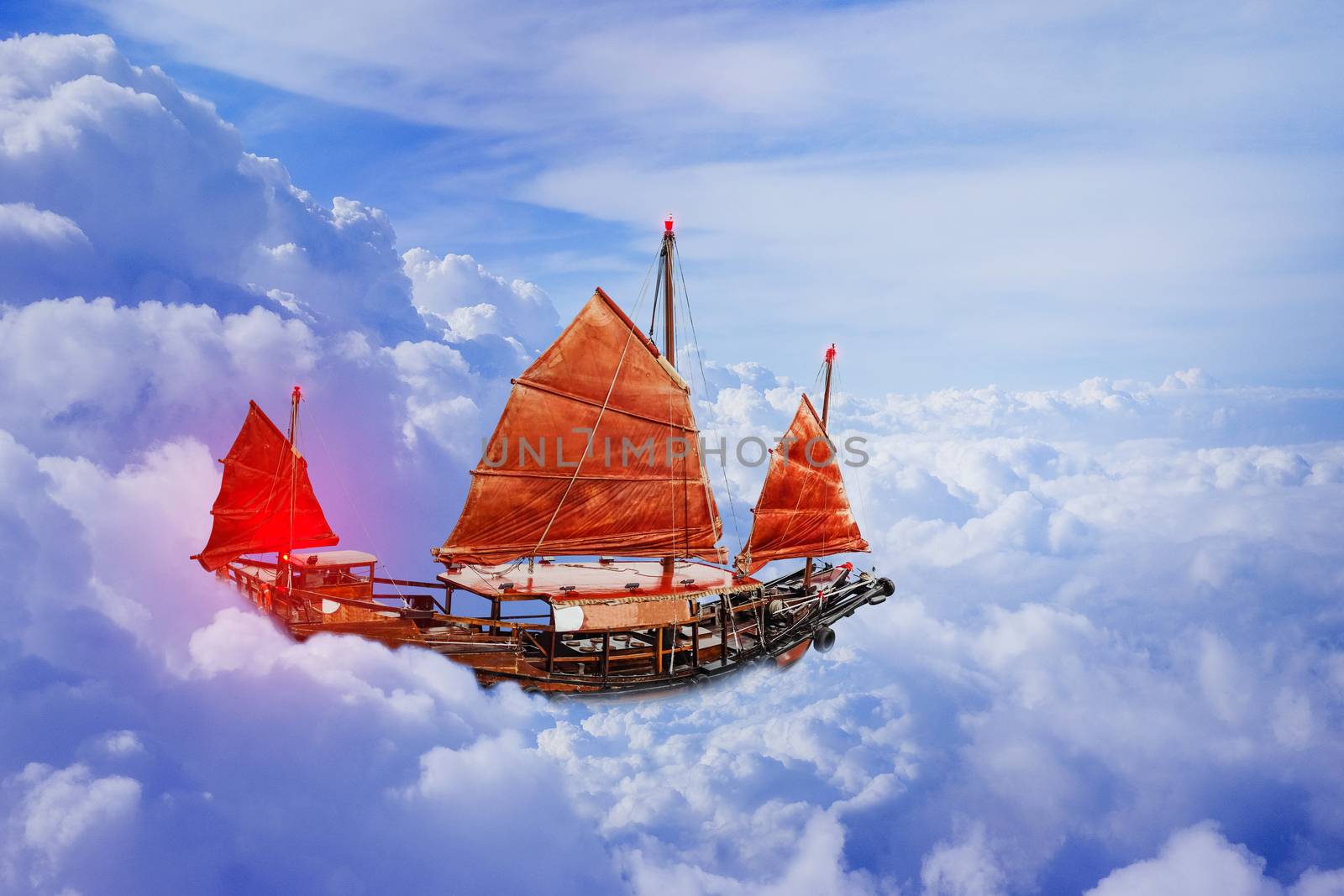 Sailboat red flag on blue sky heaven by Surasak