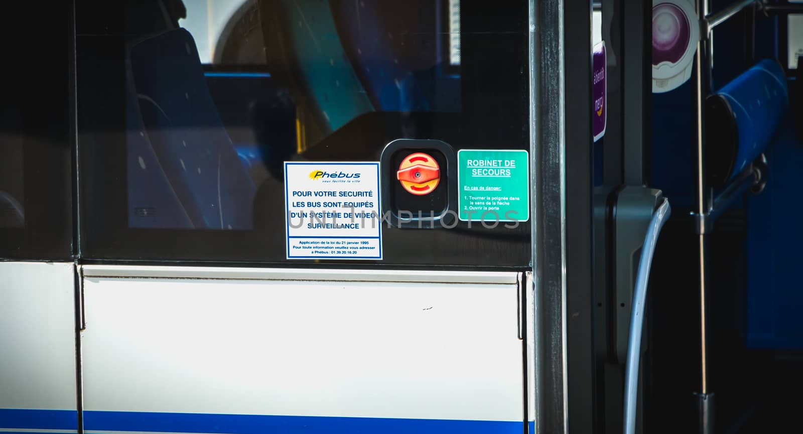 Versailles, France - October 9th, 2017: Sign in French on a bus - For your safety the buses are equipped with a video surveillance system