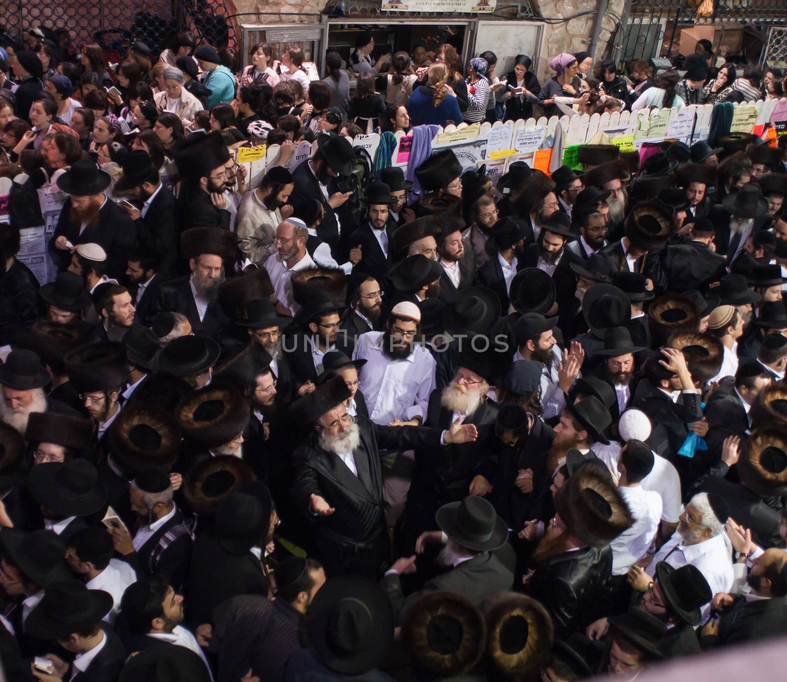 MERON, ISRAEL - MAY 18, 2014: Orthodox Jews dance at the annual hillulah of Rabbi Shimon Bar Yochai, in Meron, on Lag BaOmer Holiday. This is an annual celebration at the tomb of Rabbi Shimon