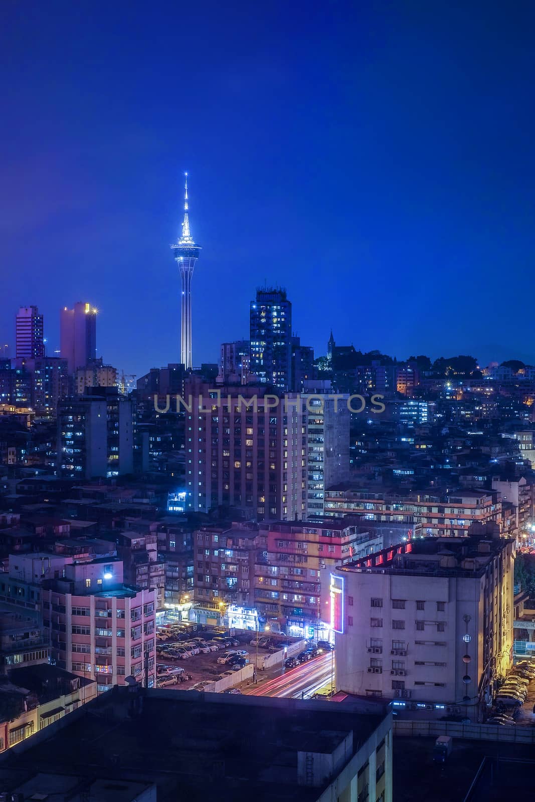 Night view of Macau Tower in Twilight Time by Surasak