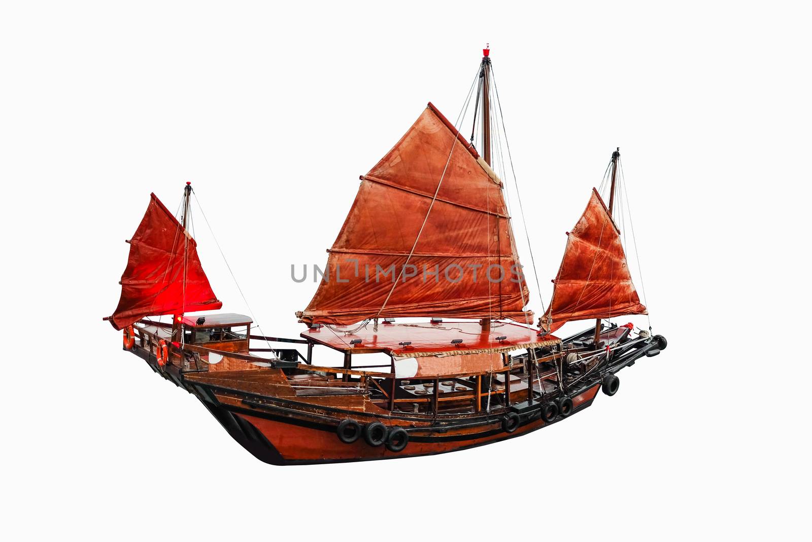 Sailboat red flag in Hong Kong on white background with clipping path