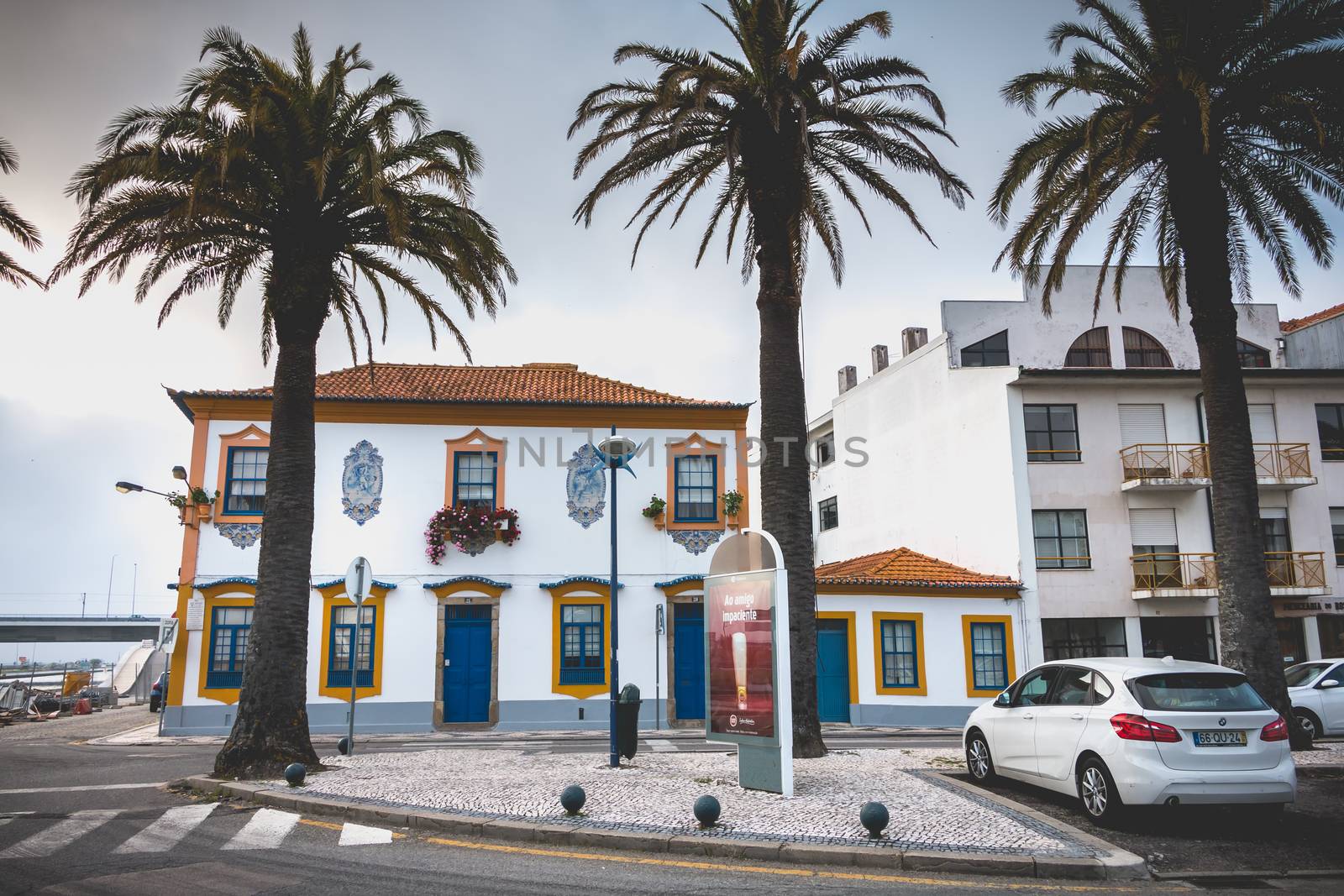 Aveiro, Portugal - May 7, 2018: Typical house architecture detail in the historic city center on a spring day