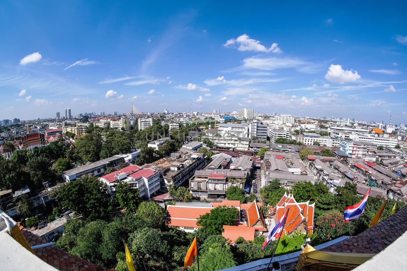 View of Bangkok Wat Saket from top of Golden Mount in Bangkok, Thailand