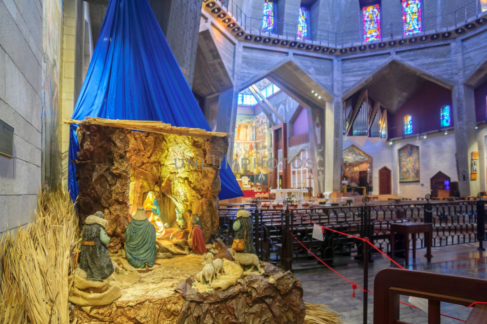 NAZARETH, ISRAEL - DECEMBER 20, 2016: The nativity scene, in the Church of the Annunciation, in Nazareth, Israel