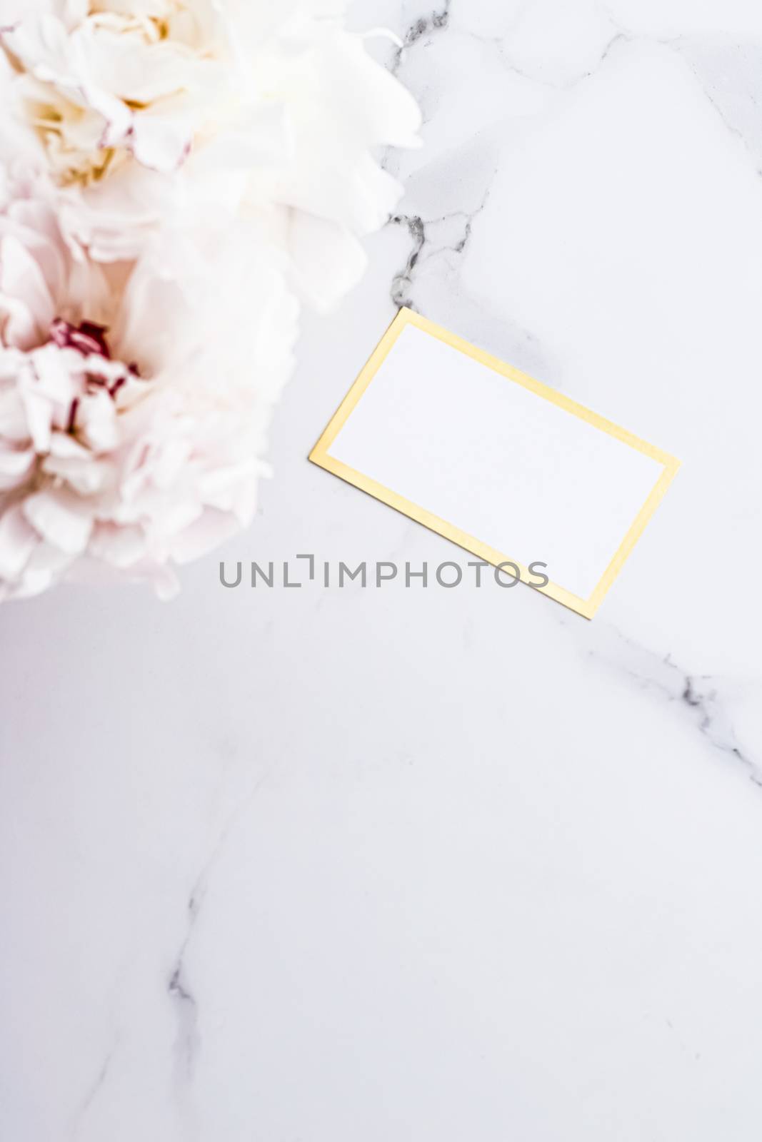 Glamorous business card or invitation mockup and bouquet of peony flowers, wedding and event branding design