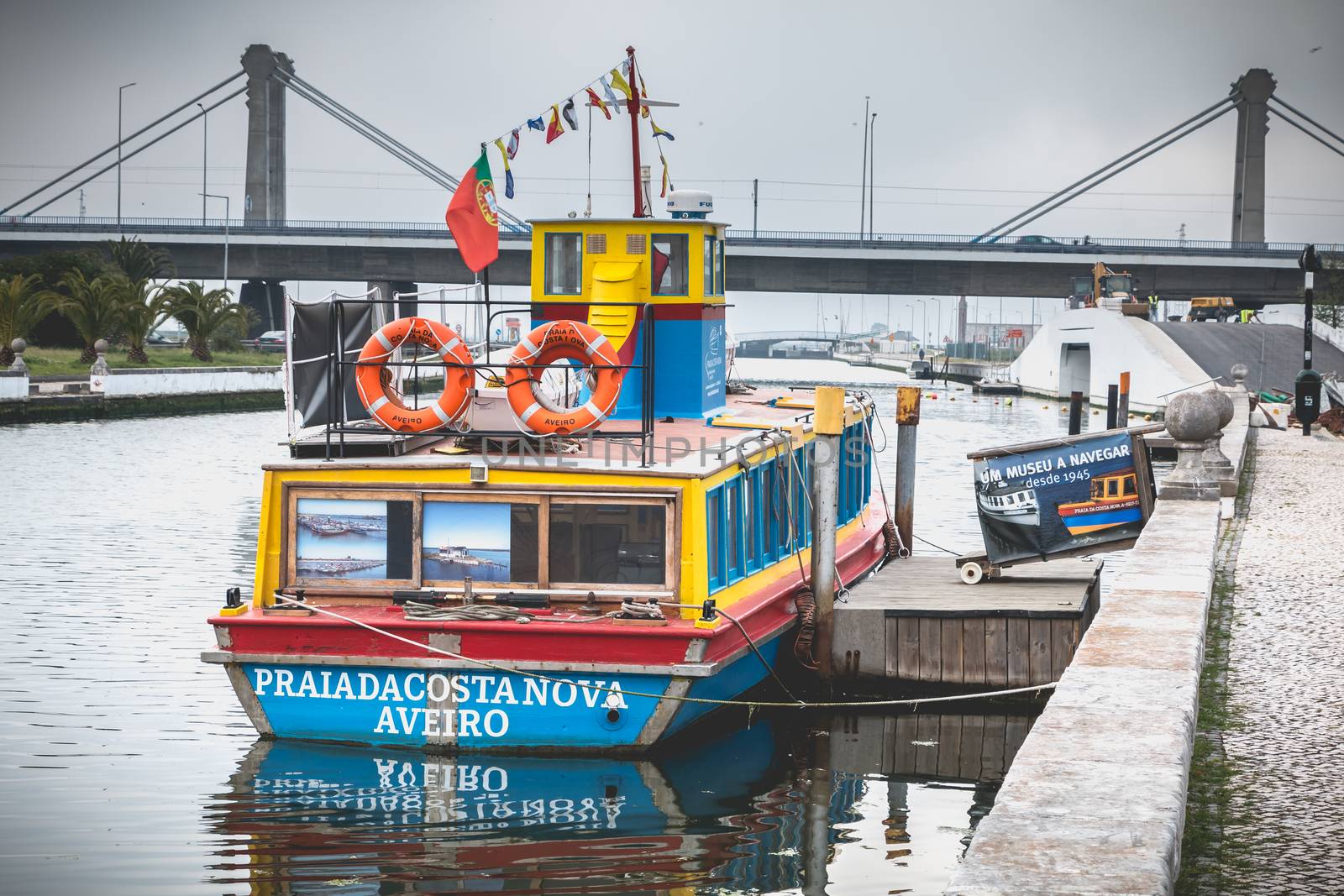 Aveiro, Portugal - May 7, 2018: Tourist transport boat docked at the end of the day on a spring day