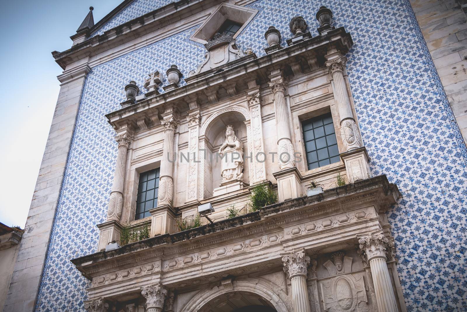 Aveiro, Portugal - May 7, 2018: Architectural detail of the Church of Mercy in the historic city center on a spring day