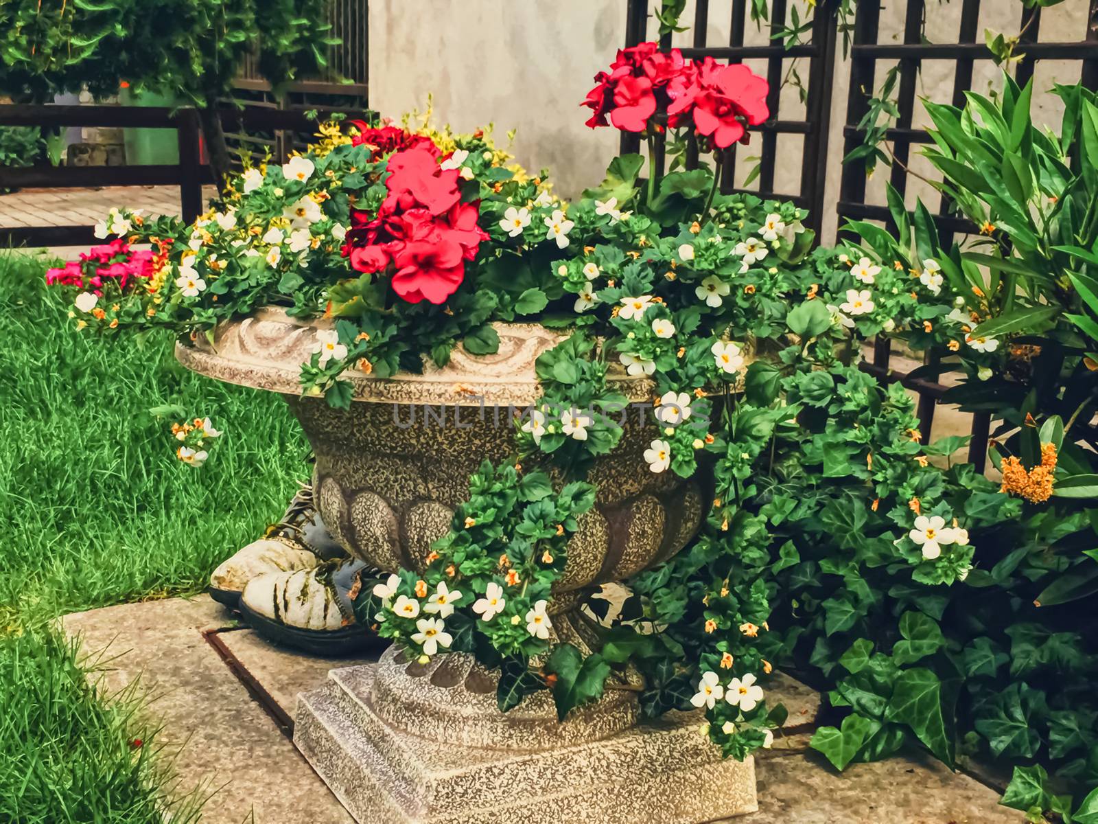 Beautiful green garden with flowers on luxury backyard by Anneleven