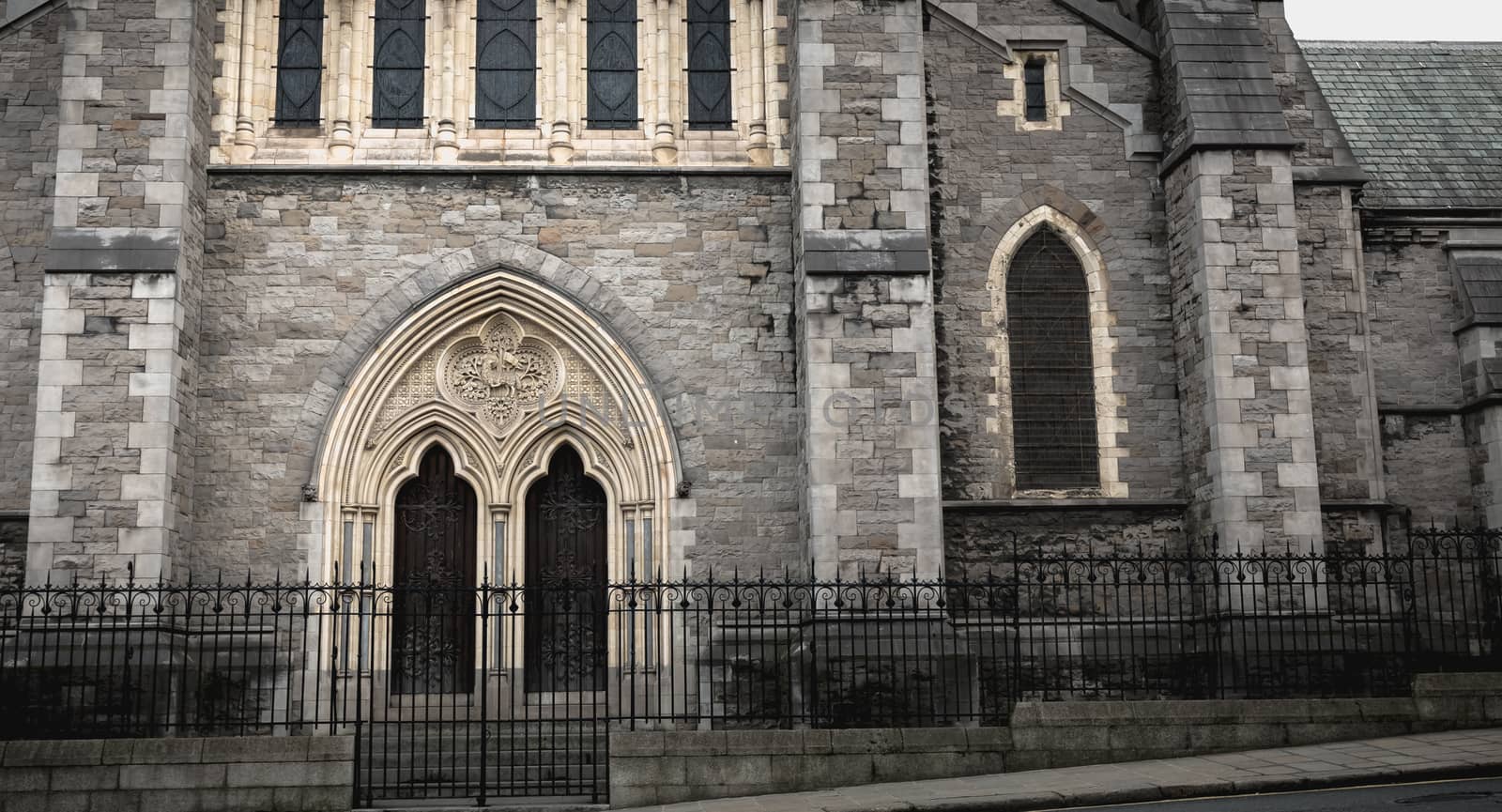 Architectural detail of Christ Church Cathedral or The Cathedral of the Holy Trinity in historic Dublin City Center, Ireland
