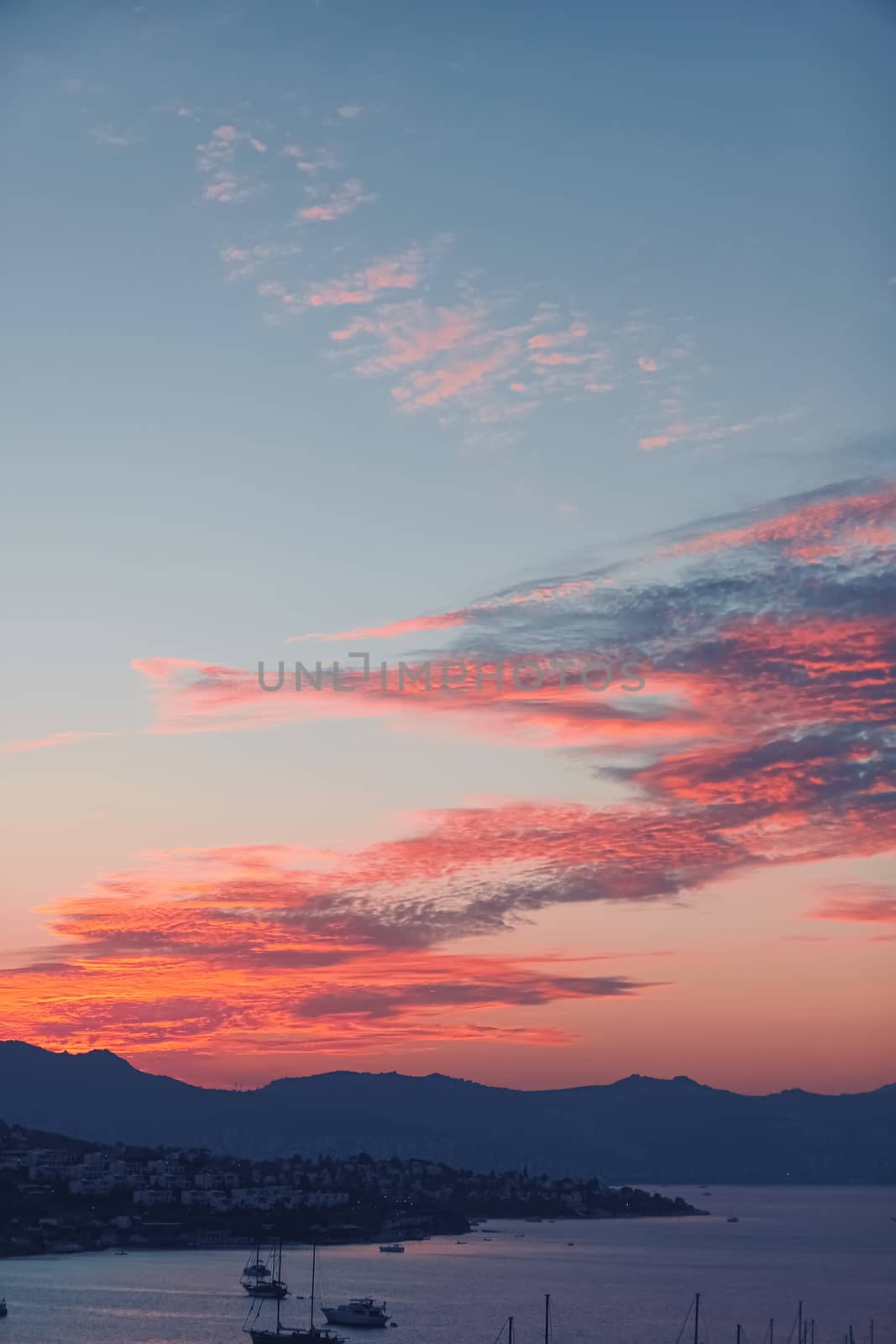 Beautiful sea view and mountains in the Mediterranean at sunset, summer vacation travel and holiday destination