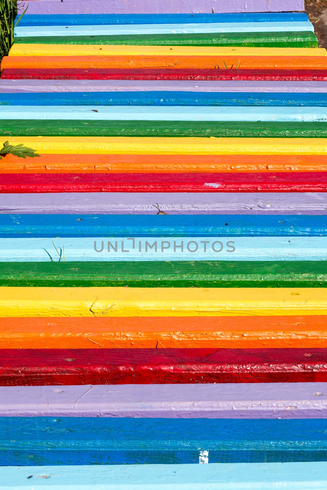 A multicolored wooden bench in the park