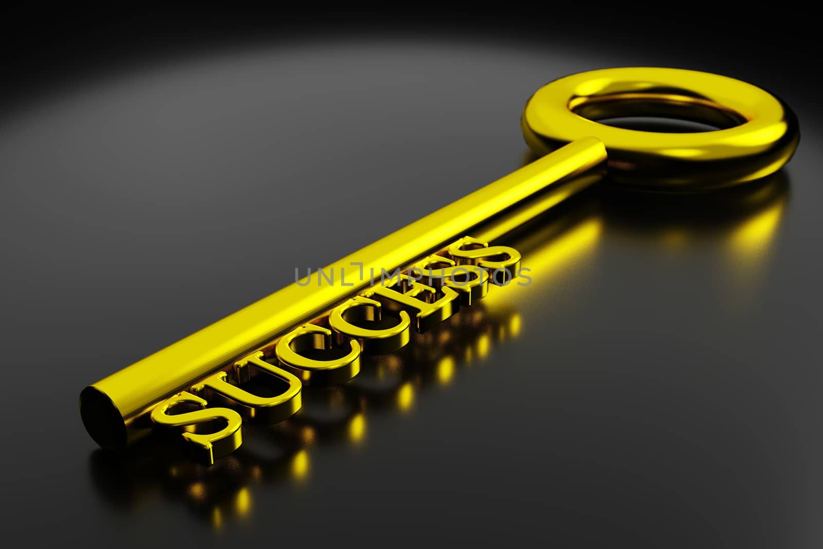 key to success concept. shiny golden key to success isolated on black color with reflection, 3D rendering