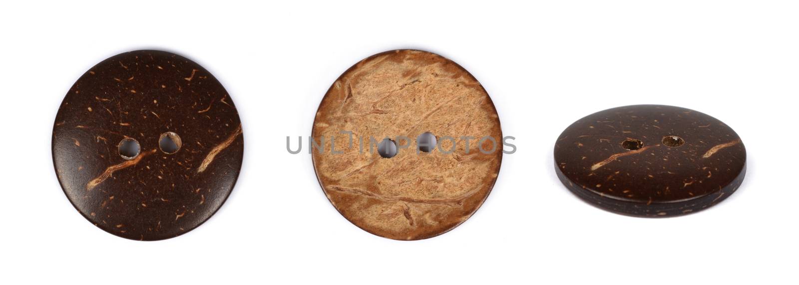 wood coconut brown natural buttons isolated, white background