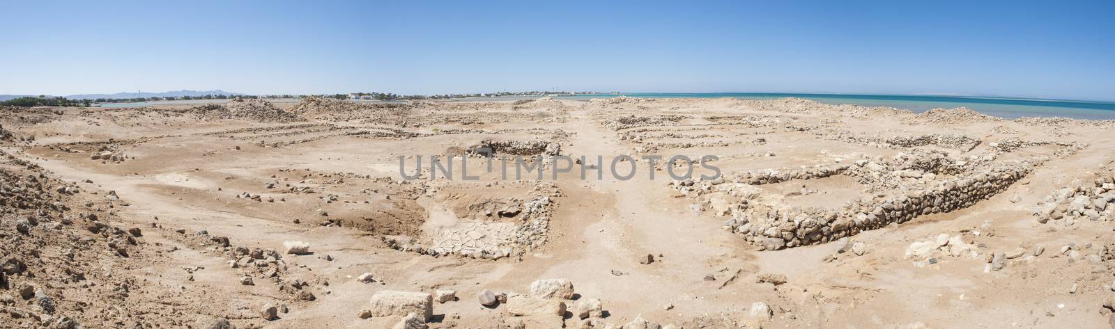 Remains of old abandoned roman fort ruins on Red Sea coastline