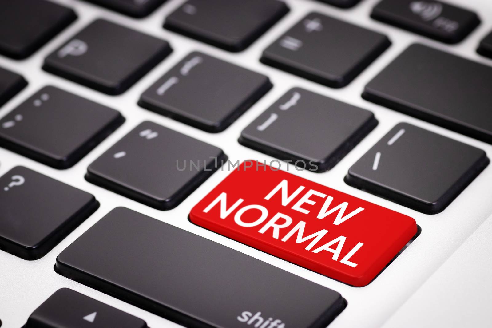 the new normal after COVID-19 Coronavirus pandemic concept. red keyboard with text new normal, awareness campaign on social media. a previously unfamiliar situation that has become standard, usual