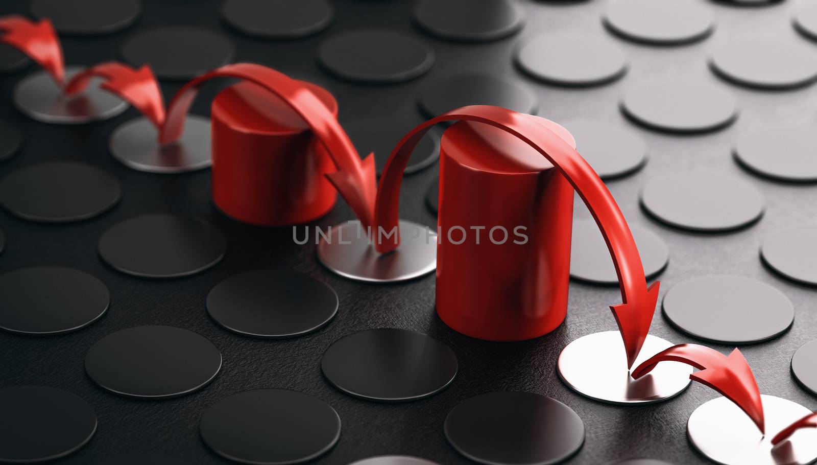 Arrows bouncing over red obstacles. Black background. Concept of overcoming barriers and resilience. 3D illustration.