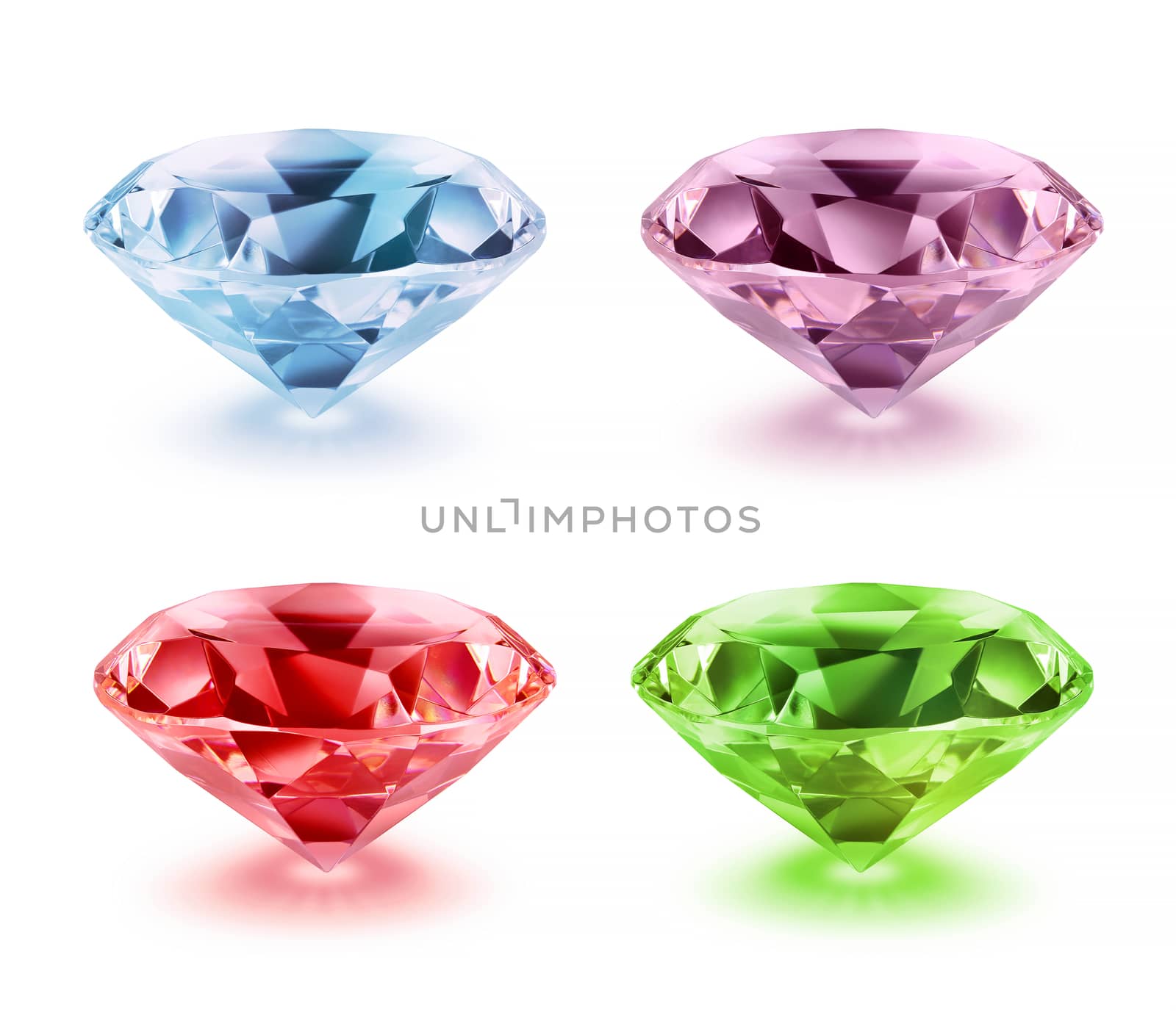 Diamond color variations on white background, soft drop shadows, isolated