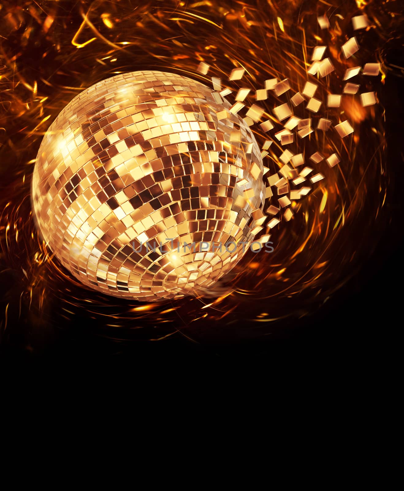 Vintage disco mirror ball spinning and breaking into golden flying glass pixel fragments on dark background