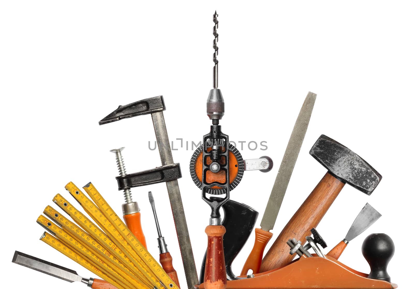 Realistic DIY carpenter hand tools with scratches, worn in work, isolated set on white background