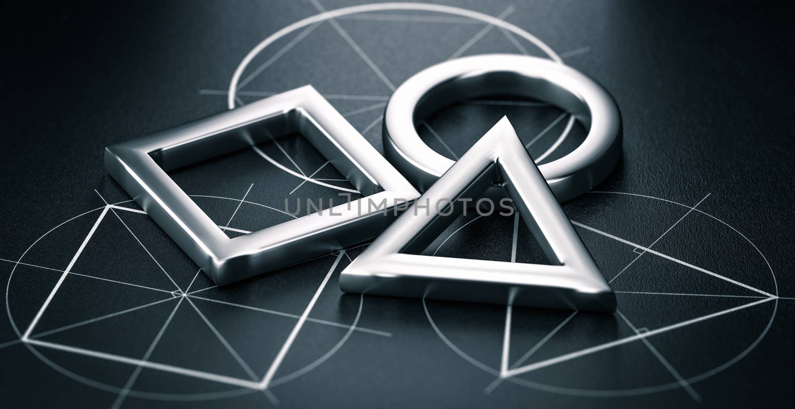 3D illustration of basic geometric shapes, triangle, circle and square over white drawings drawn on a black background. Concept of mathematics and geometry.