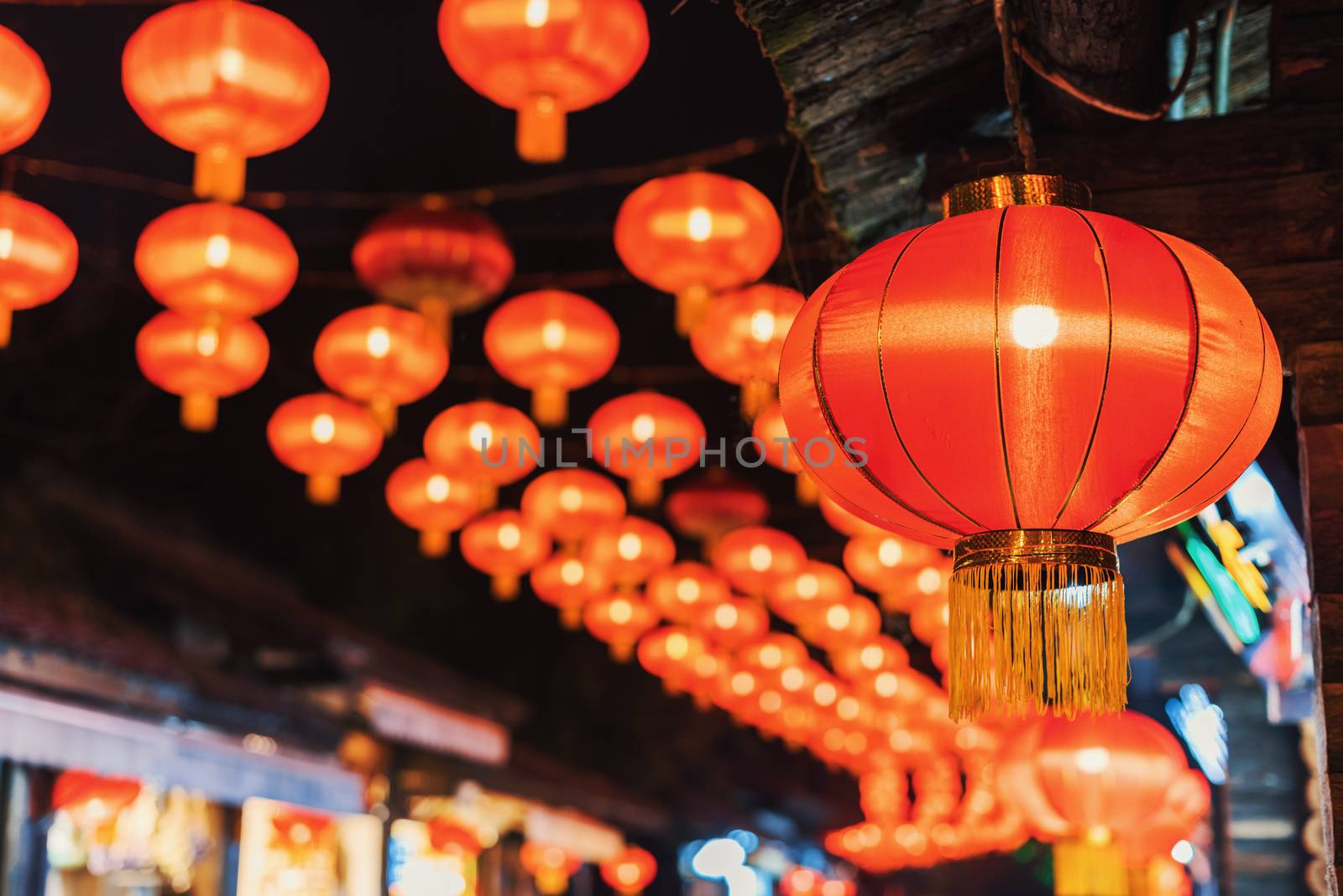 Illuminated red chinese lanterns hanging for the chinese new year in Chengdu, Sichuan province, China