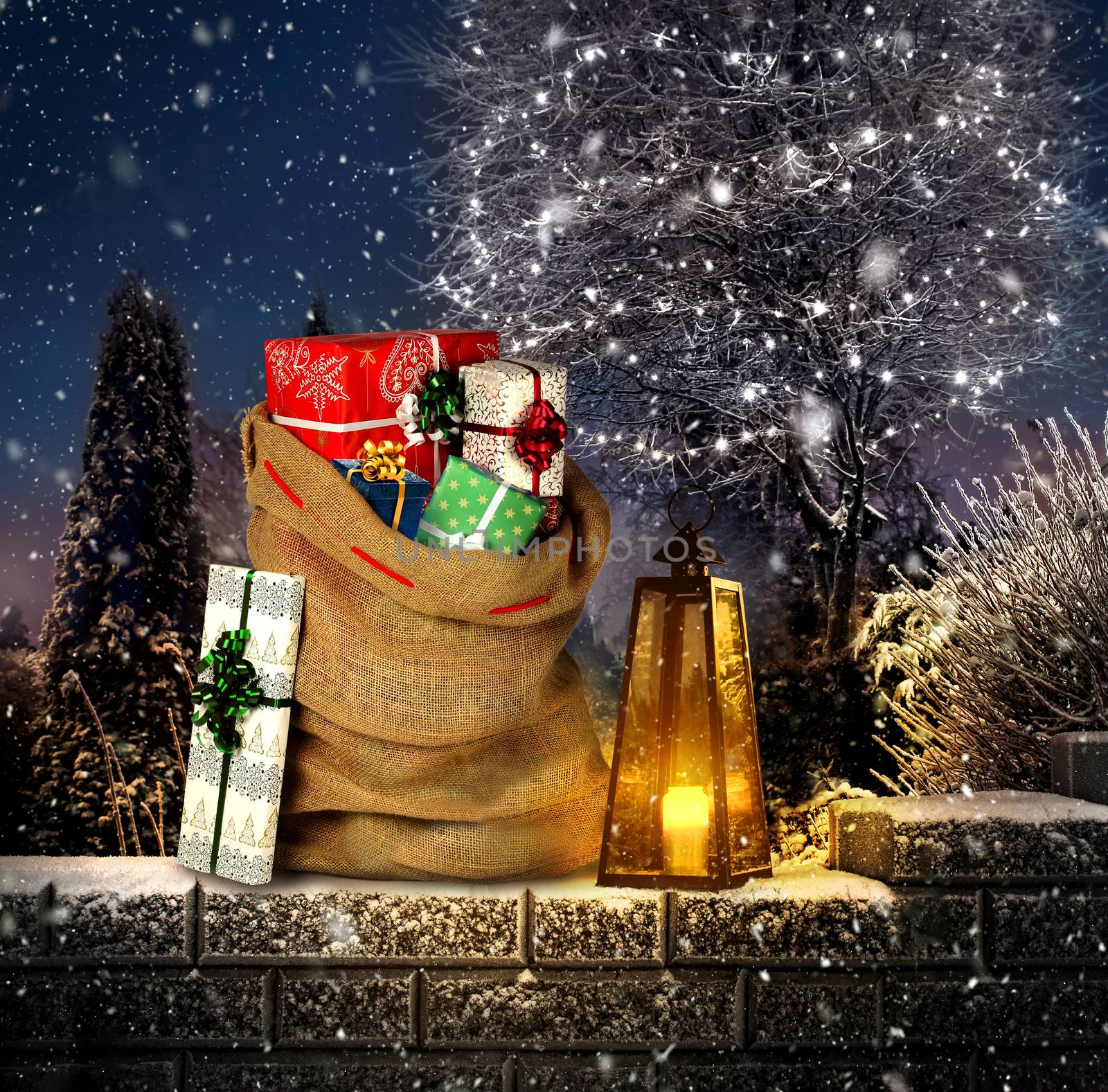 Santas present sack with gift boxes outdoor by anterovium