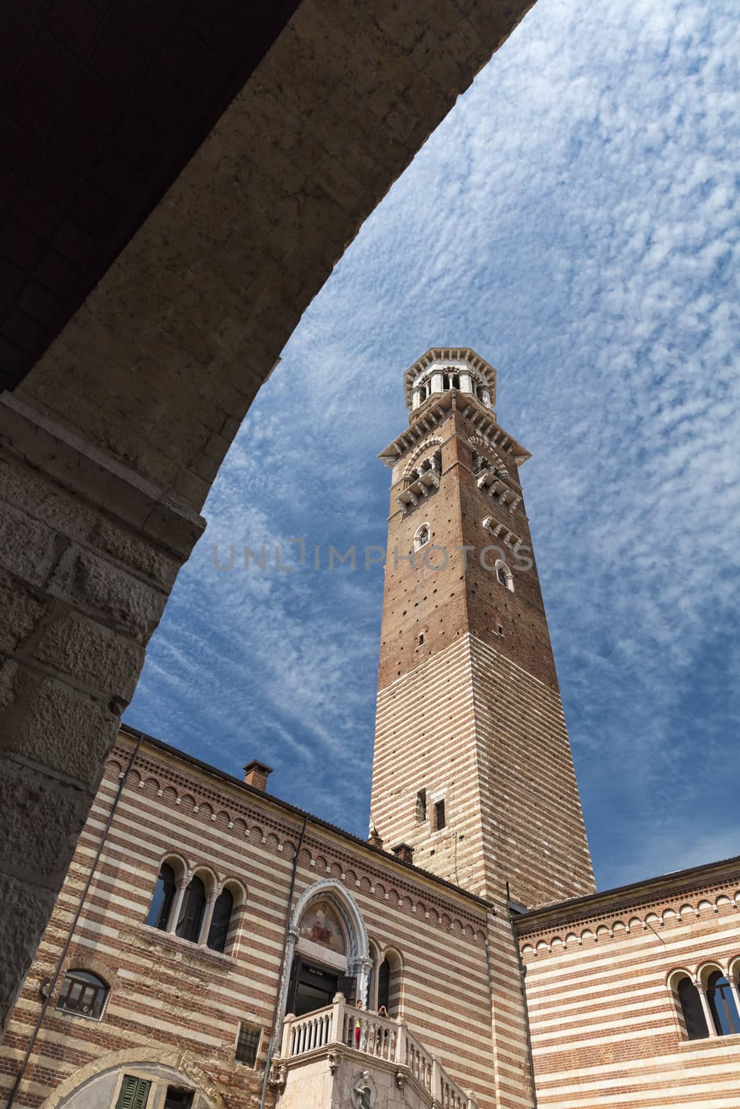 Verona, Italy, Europe, August 2019, The tower of the Palazzo della Ragione