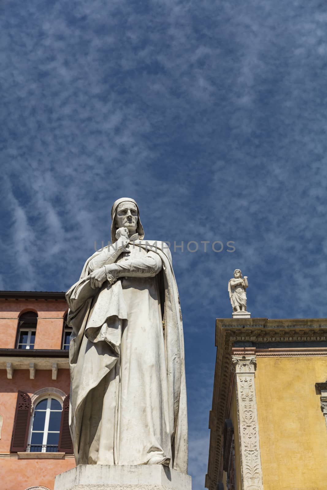 Verona, Italy, Europe, August 2019, Statue of Dante Alighieri in Piazza dei Signori