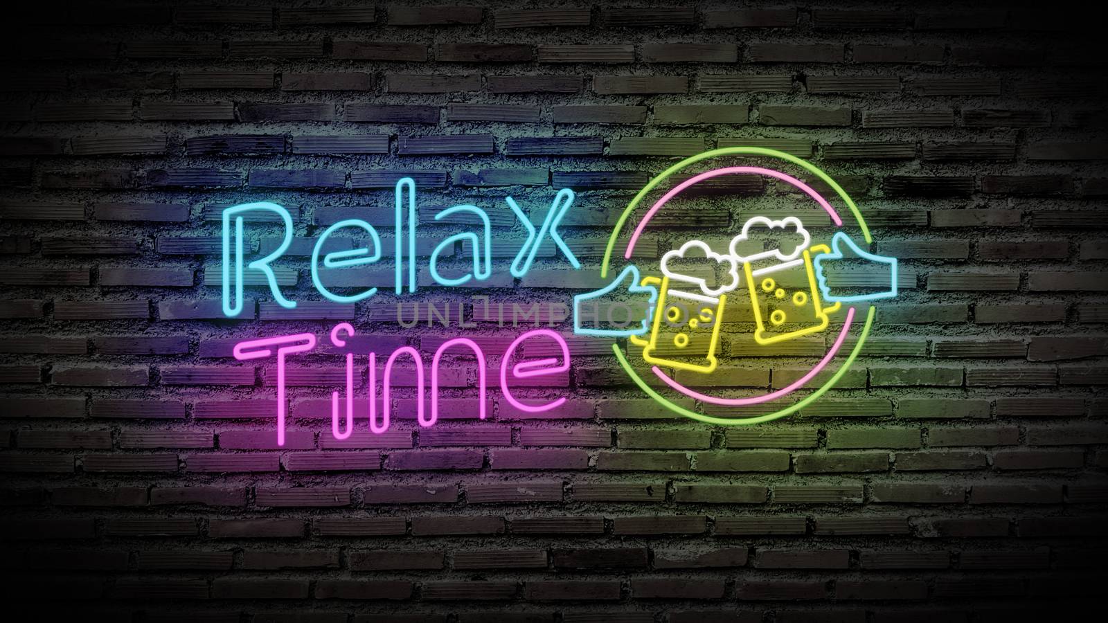 relax time shiny neon lamps glow on black brick wall. colorful sign board with text relax time and glass of beer for party decoration