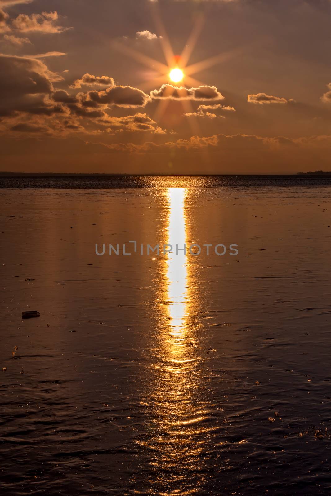 Beautiful sunset light on winter lake Balaton (Hungary)