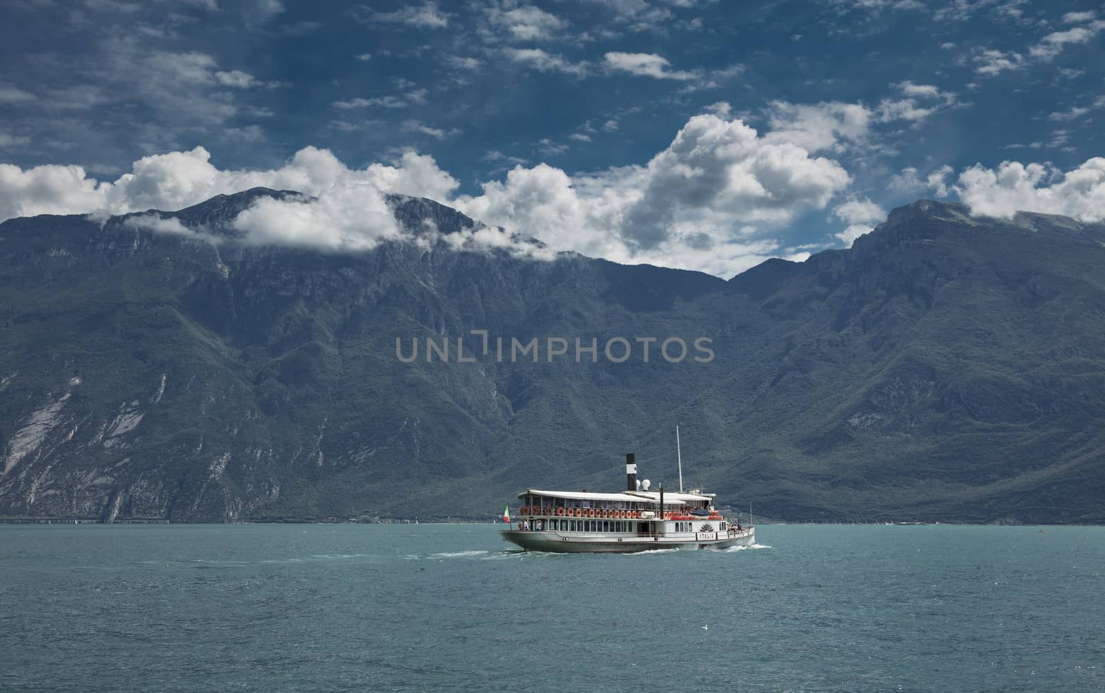 Lake Garda, Italy, Europe, August 2019, A view of the vintage paddle steamer ship Italia