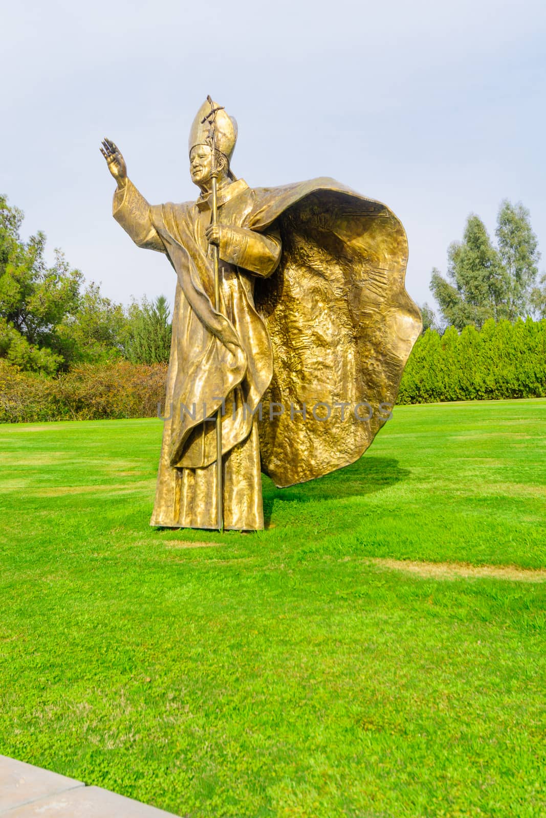 KORAZIM, ISRAEL - JANUARY 22, 2016: A statue of Pope John Paul II in the Domus Galilaeae (House of Galilee) Monastery, on the peak of Mount of Beatitudes, Israel