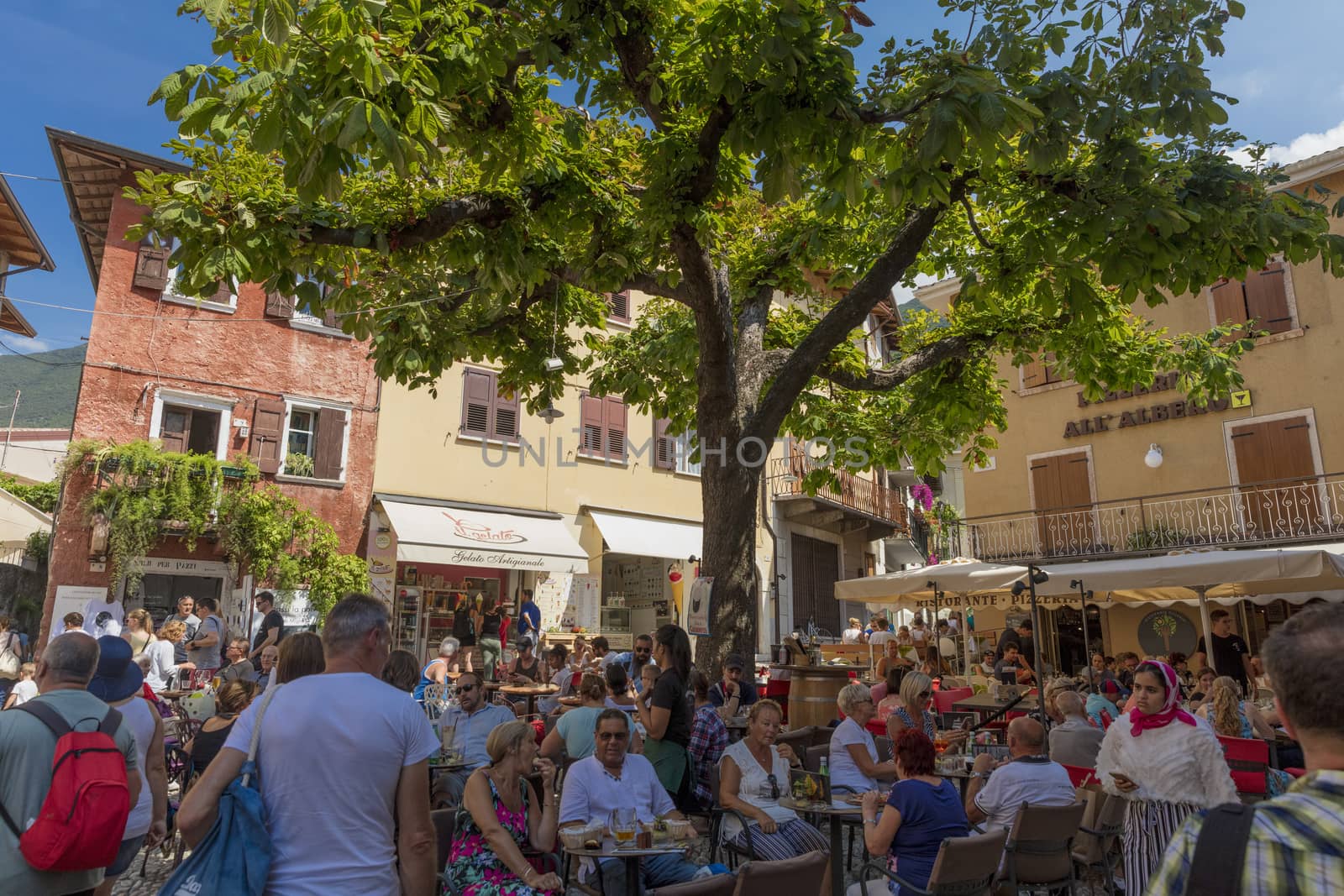 Malcesine, Lake Garda, Italy, August 2019, A view of the small town of Malcesine in the market square