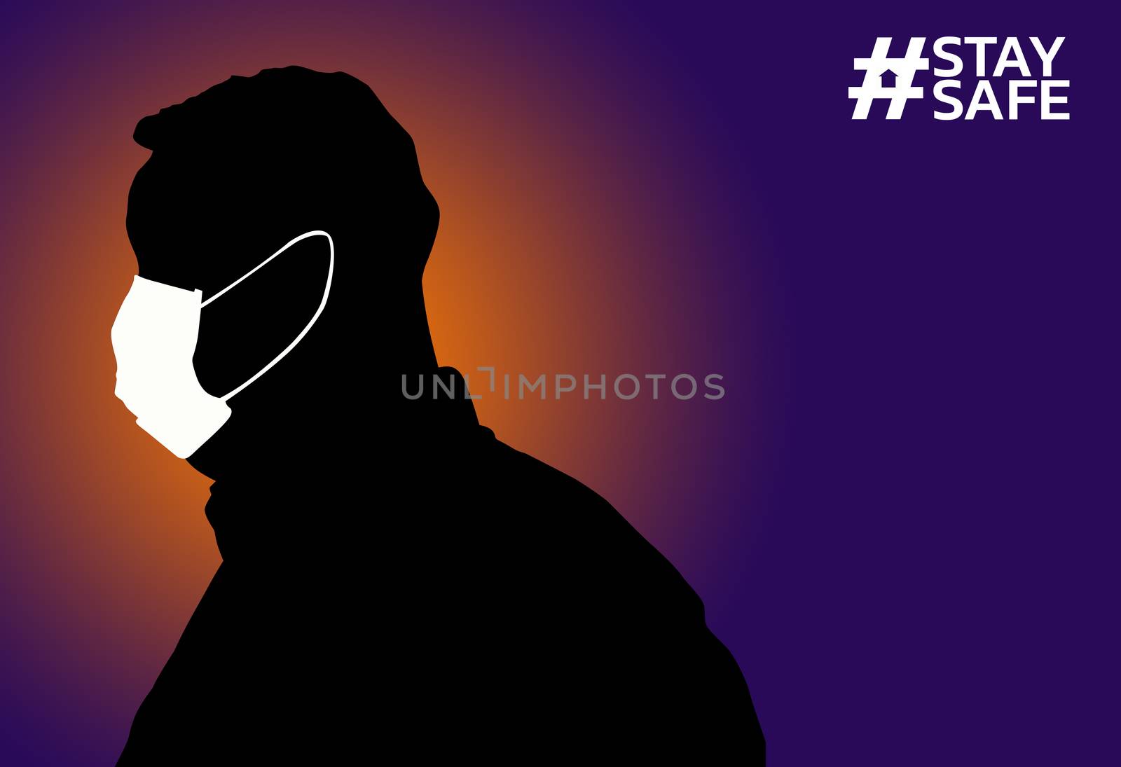 The silhouette of a fat man with medical mask on a purple background and bright orange text STAYSAFE