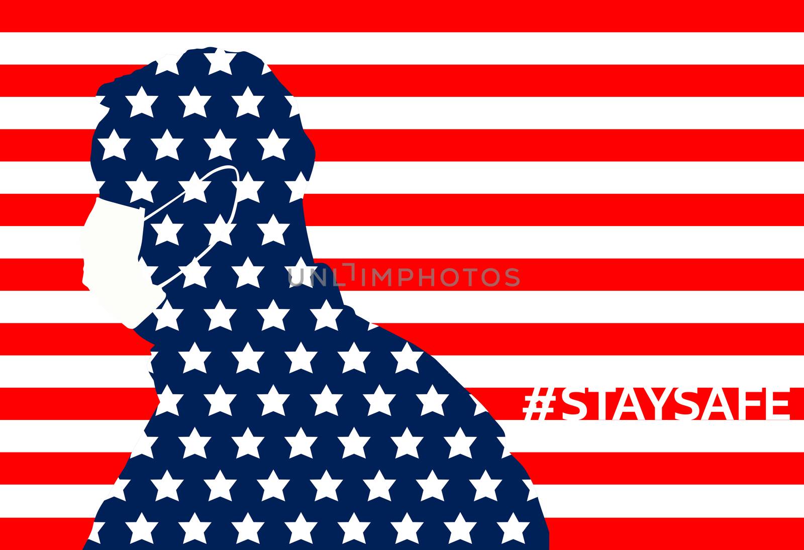 Abstract american flag on a fat man with medical mask and text STAYSAFE