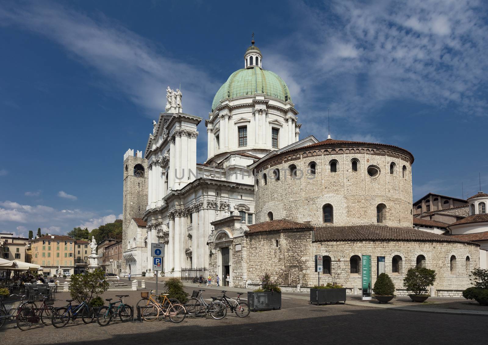 Brescia, Italy, Europe, August 2019, A view of the Old and New Cathedral, the Duomo Vecchio and Duomo Nuovo