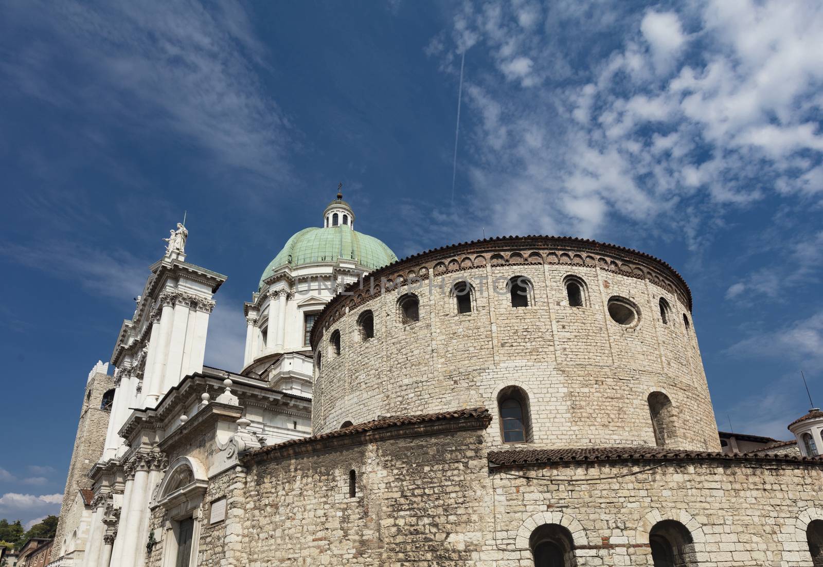 Brescia, Italy, Europe, August 2019, A view of the Old and New Cathedral, the Duomo Vecchio and Duomo Nuovo