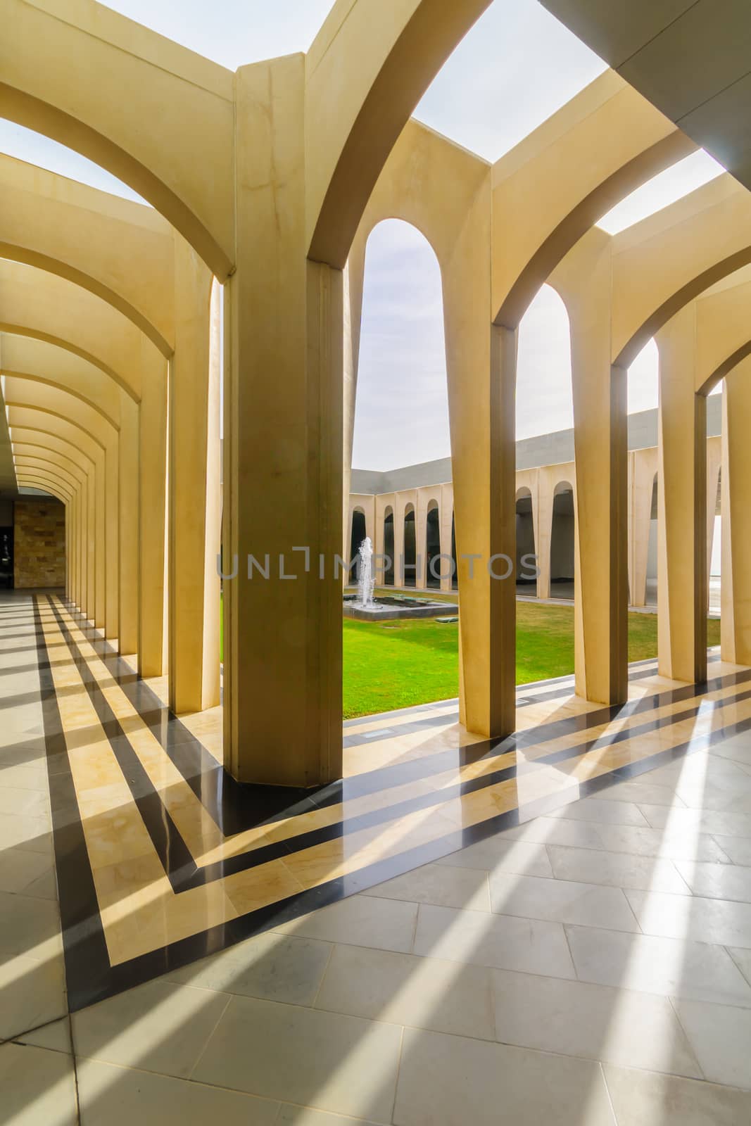 KORAZIM, ISRAEL - JANUARY 22, 2016: A cloister in the Domus Galilaeae (House of Galilee) Monastery, on the peak of Mount of Beatitudes, Israel