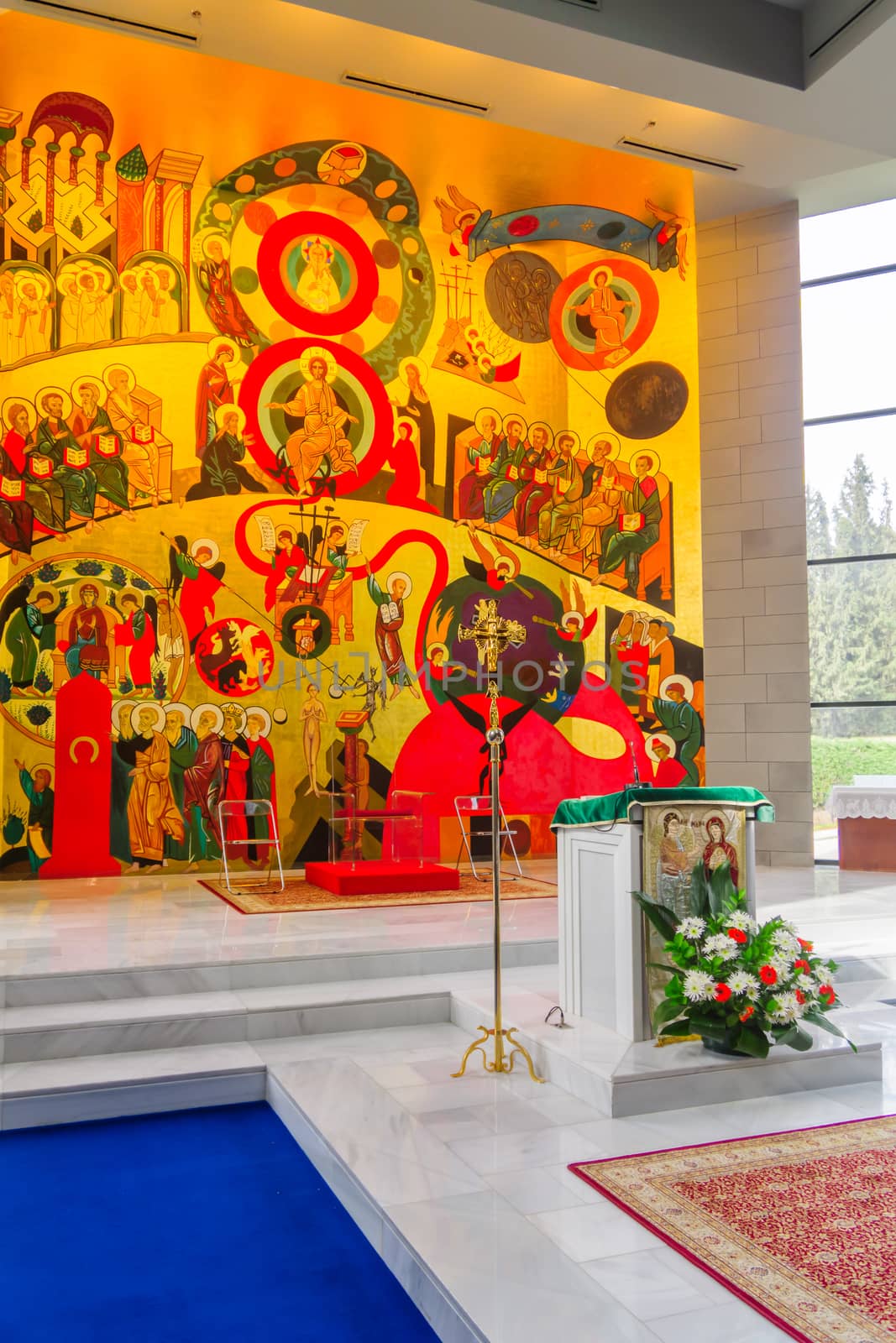 KORAZIM, ISRAEL - JANUARY 22, 2016: A church in the Domus Galilaeae (House of Galilee) Monastery, on the peak of Mount of Beatitudes, Israel