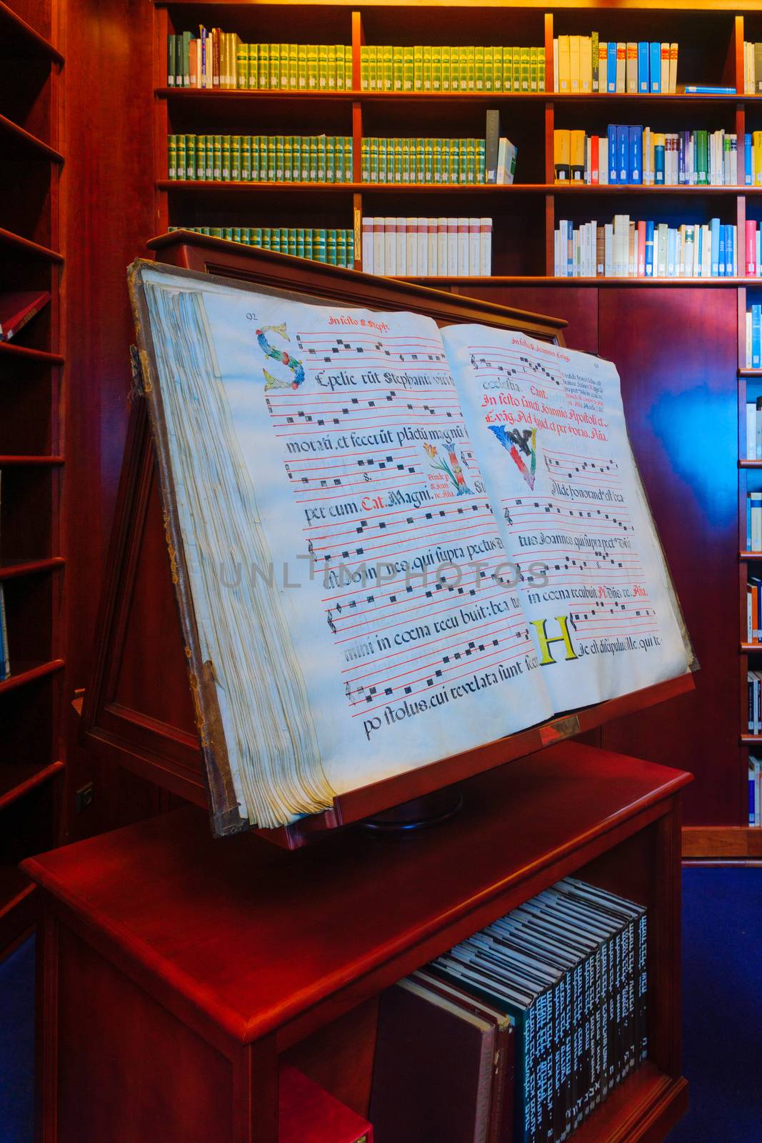 KORAZIM, ISRAEL - JANUARY 22, 2016: The Library in the Domus Galilaeae (House of Galilee) Monastery, on the peak of Mount of Beatitudes, Israel