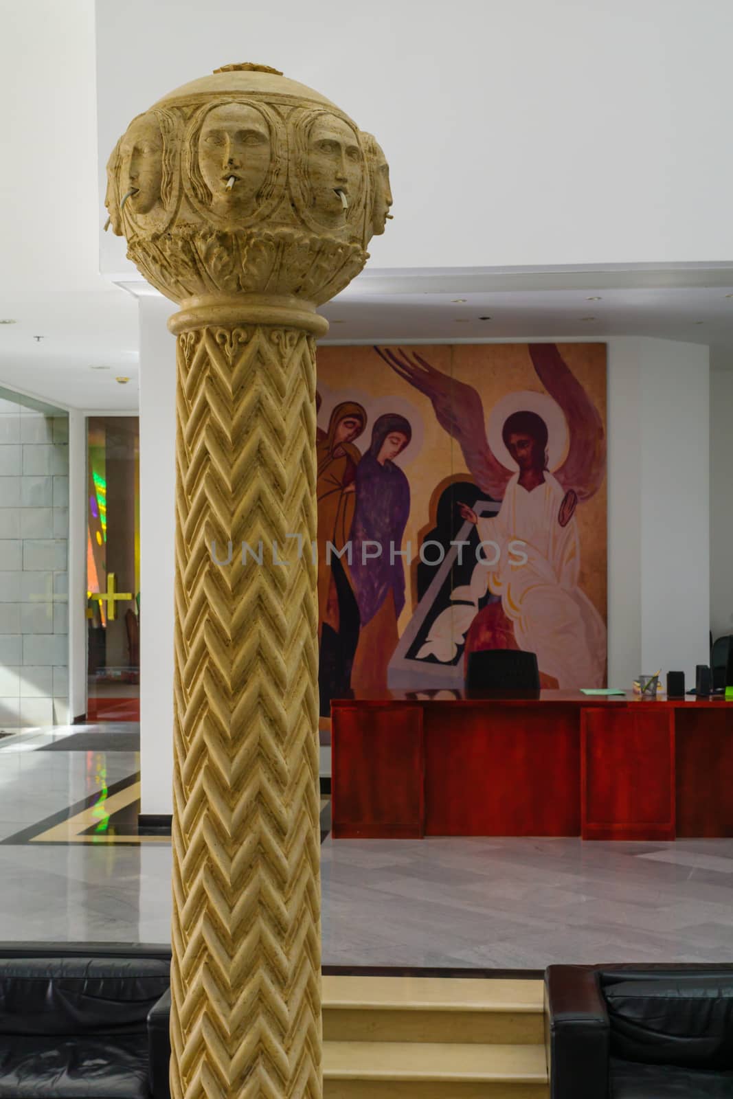 KORAZIM, ISRAEL - JANUARY 22, 2016: The entrance hall of the Domus Galilaeae (House of Galilee) Monastery, on the peak of Mount of Beatitudes, Israel