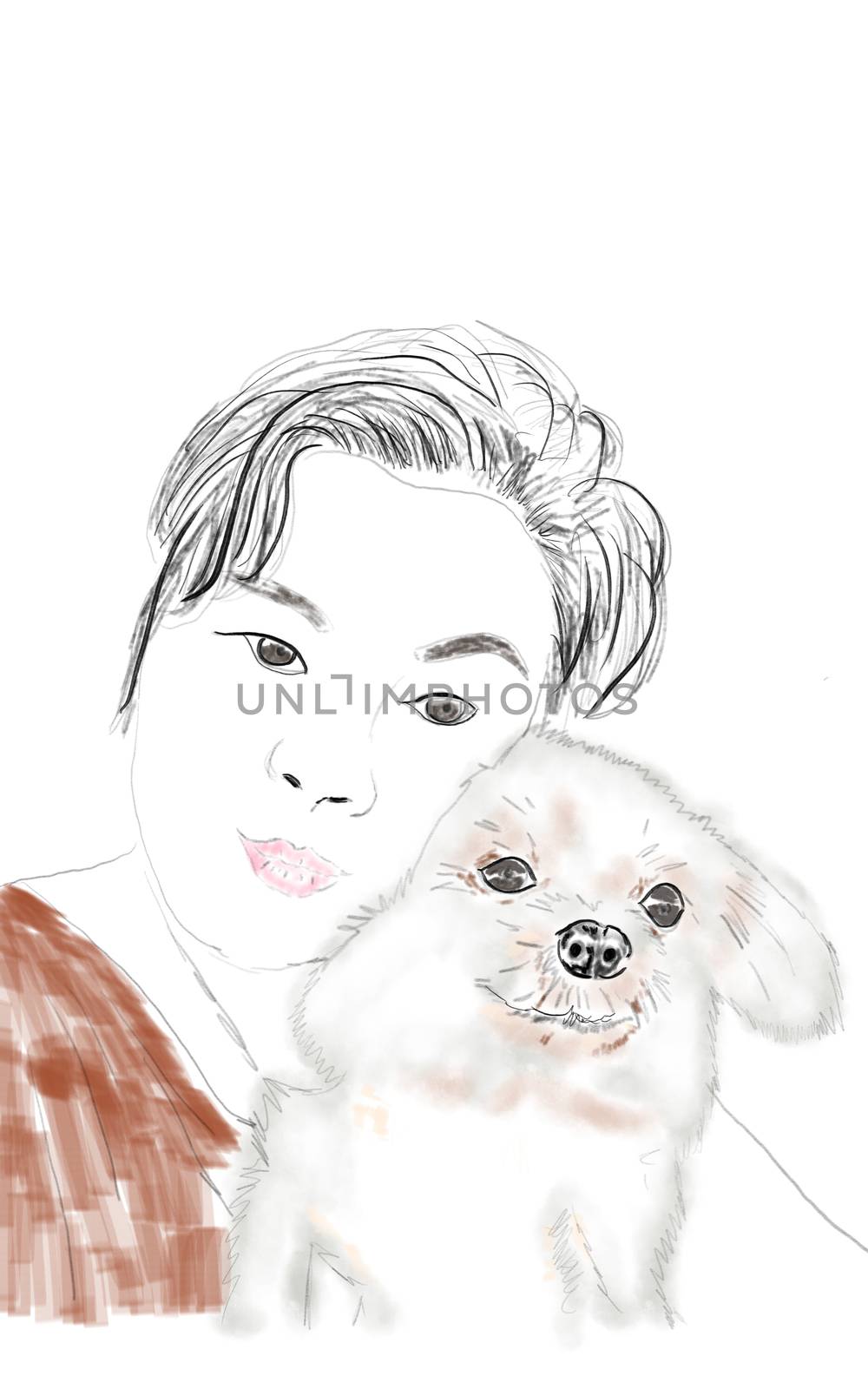 Sketch and drawn with painted simple digital graphic illustration design of Women hugging her pet is a dog so cute